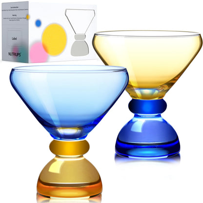 NUTRIUPS 7oz Hand-made Stemless Martini Glasses, Color-block Solid Glass Base Heavy-duty Cocktail Glasses, Aroma-Locking Rim Glasses for Home Bar Party Gifts (Sunny Coast Flip Color Set)