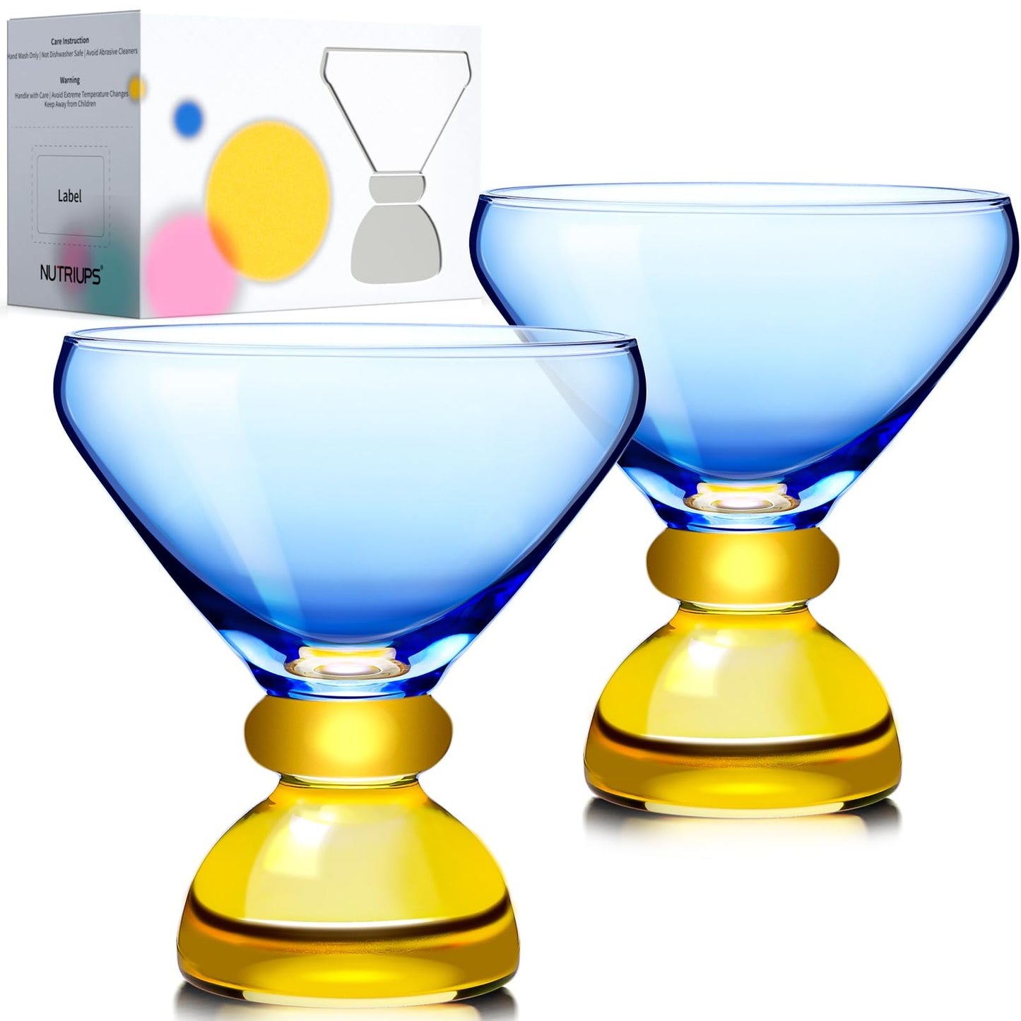 NUTRIUPS 7oz Hand-made Stemless Martini Glasses, Color-block Solid Glass Base Heavy-duty Cocktail Glasses, Aroma-Locking Rim Glasses for Home Bar Party Gifts (Azure & Mango Switch Duo)
