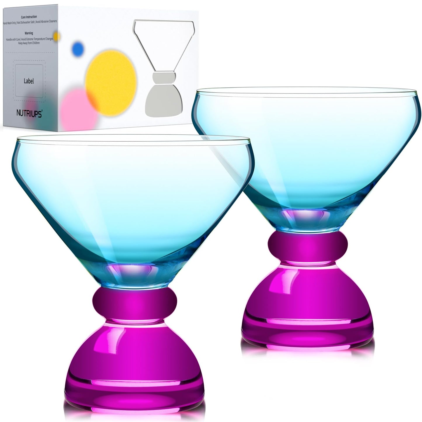 NUTRIUPS 7oz Hand-made Stemless Martini Glasses, Color-block Solid Glass Base Heavy-duty Cocktail Glasses, Aroma-Locking Rim Glasses for Home Bar Party Gifts (Jade & Rosé Switch Set)