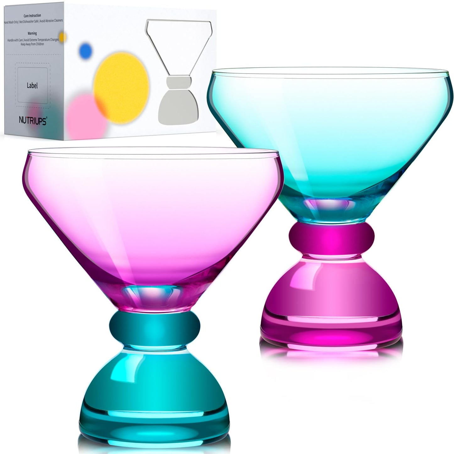 NUTRIUPS 7oz Hand-made Stemless Martini Glasses, Color-block Solid Glass Base Heavy-duty Cocktail Glasses, Aroma-Locking Rim Glasses for Home Bar Party Gifts (Botanical Flip Color Set)