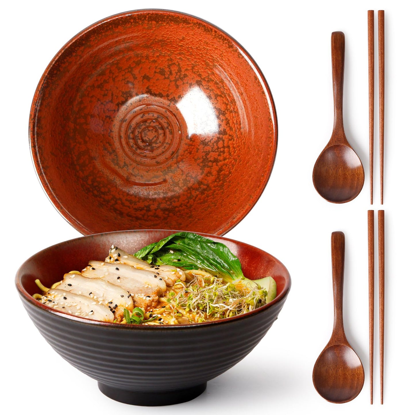 NUTRIUPS Ceramic Ramen Bowl Set of 2, 8 In/40oz (Agate Red)