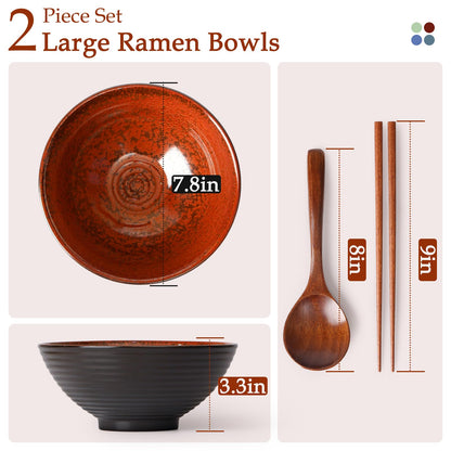 NUTRIUPS Ceramic Ramen Bowl Set of 2, 8 In/40oz (Agate Red)