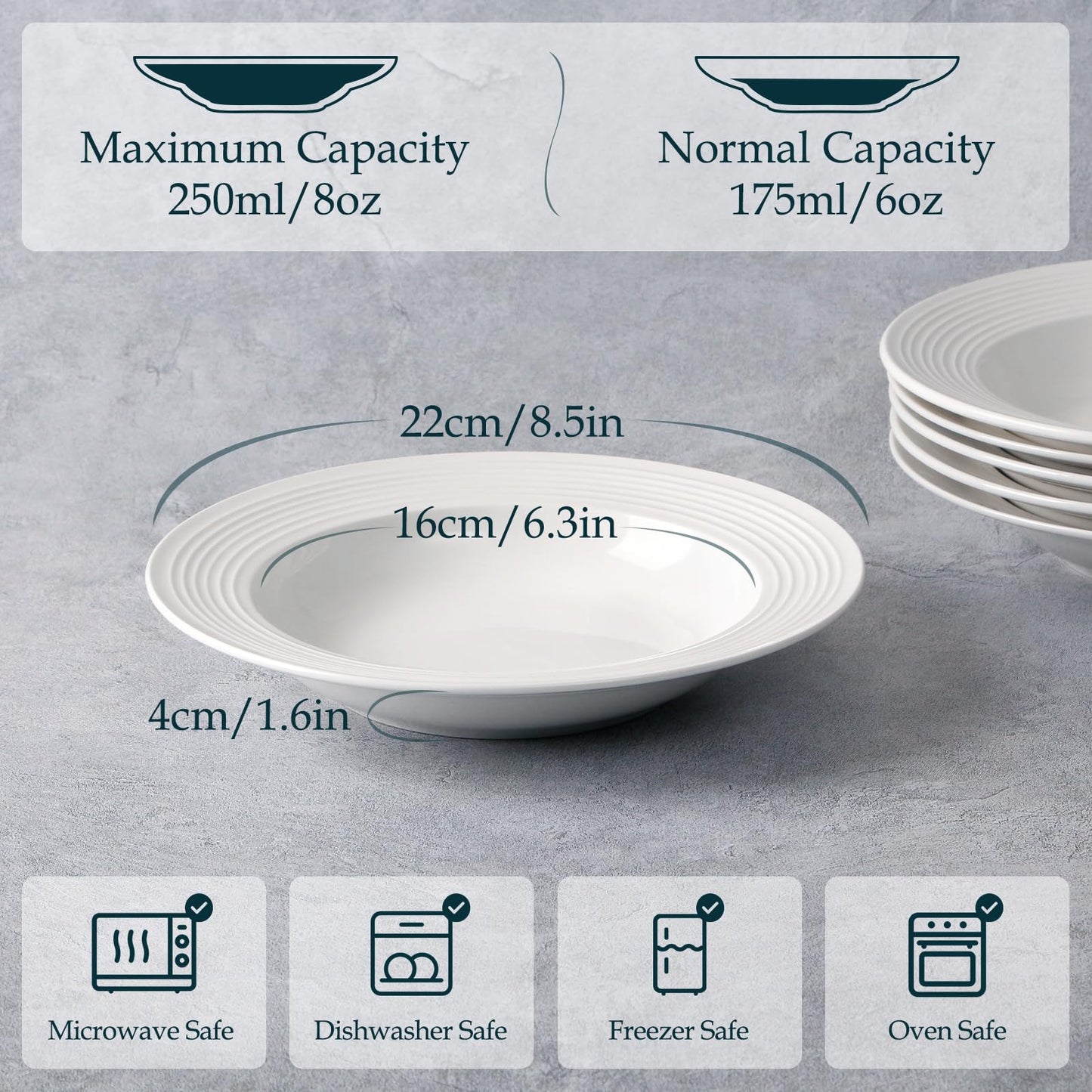 NUTRIUPS 8Oz Small Pasta Plates Set of 6, 8.5'' Wide/250ml