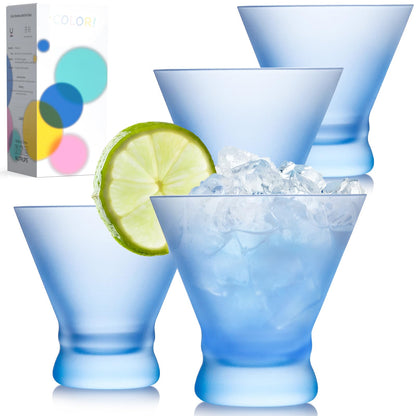 NUTRIUPS 8oz Blue Frosted Stemless Martini Glasses, Matte Finish Fingerprint-Resistant Glassware for Home Bar, Parties & Gifts, 4-Piece Set