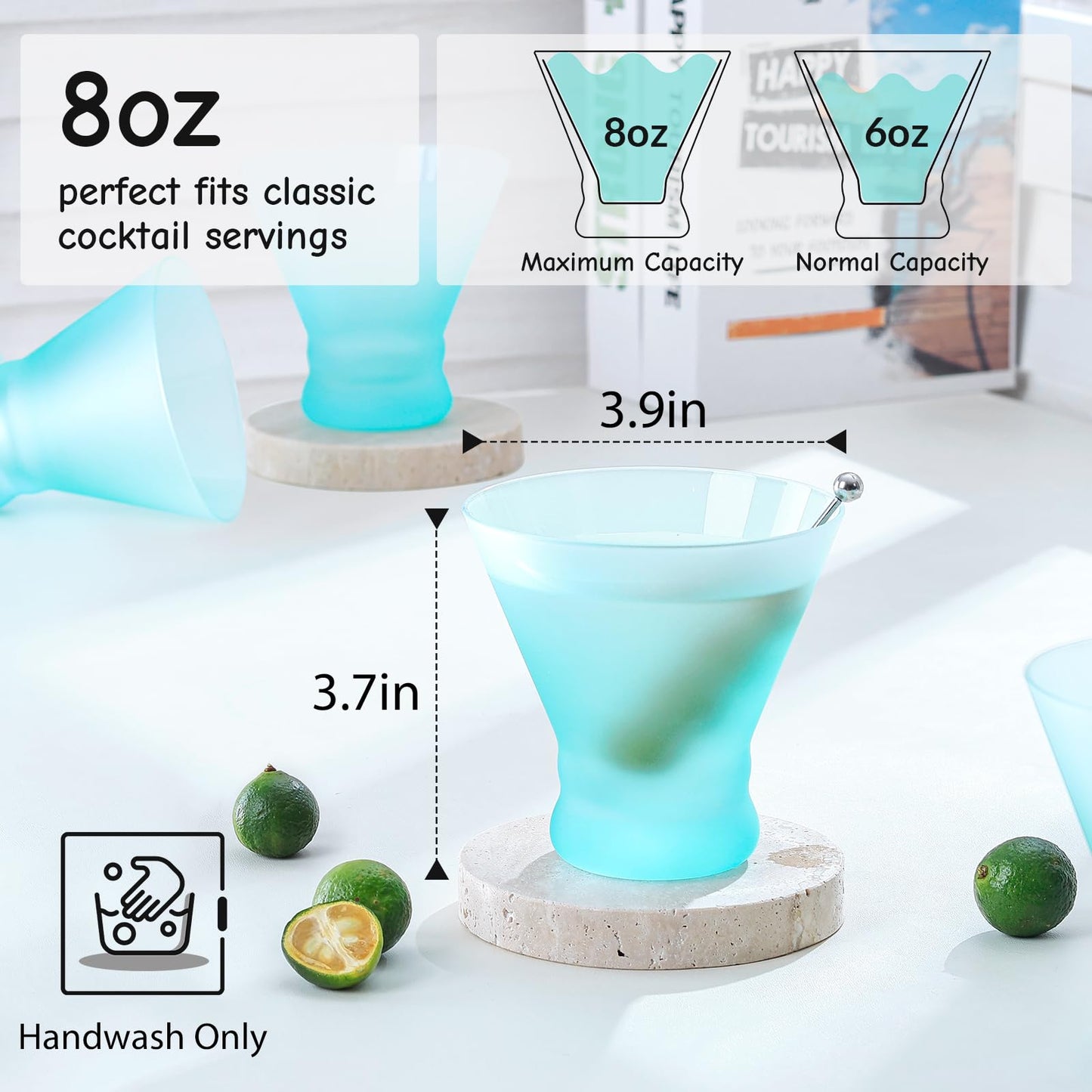 NUTRIUPS 8oz Frosted Stemless Martini Glasses 4-Piece Set, Matte Finish Fingerprint-Resistant Glassware for Home Bar, Parties & Gifts (Turquoise)