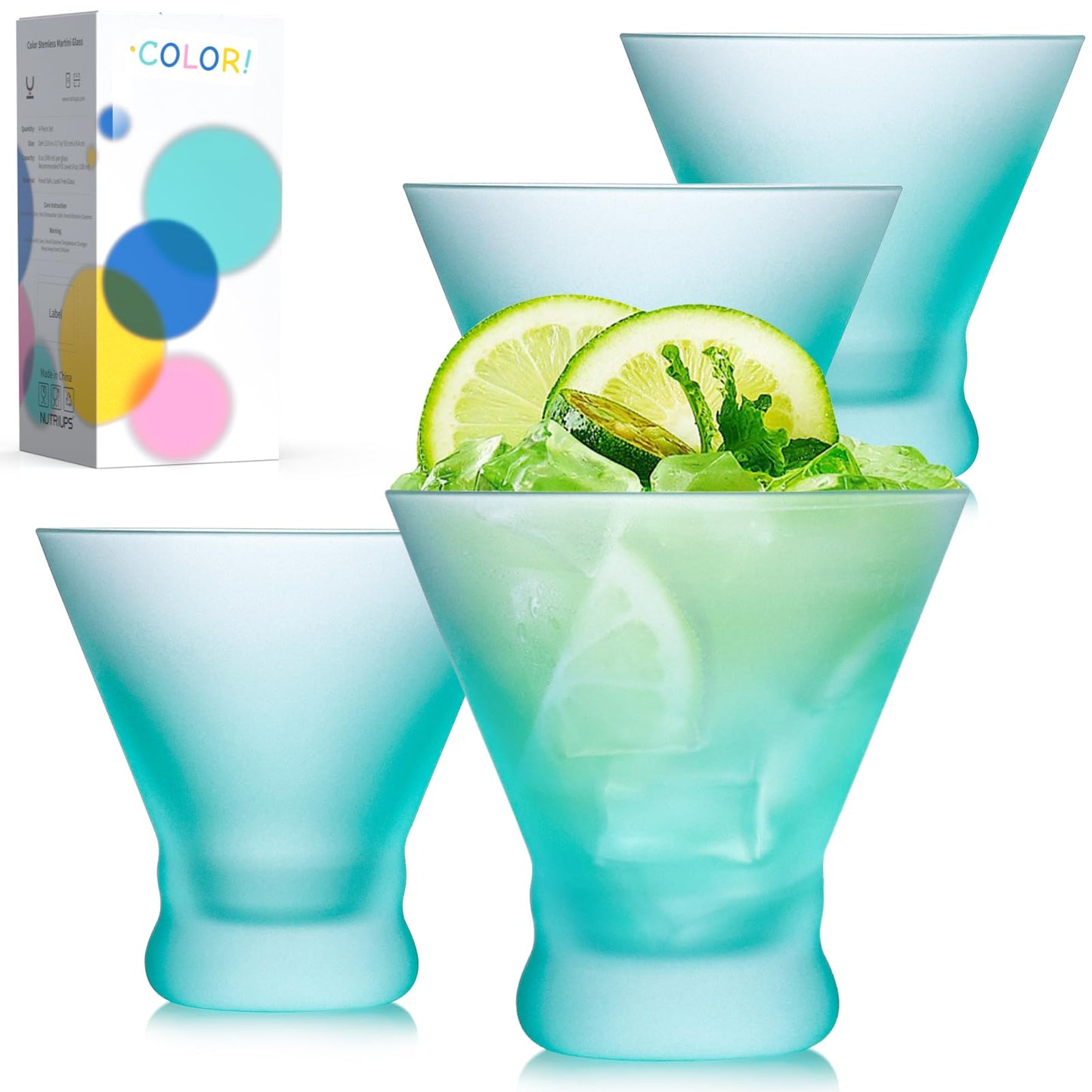 NUTRIUPS 8oz Frosted Stemless Martini Glasses 4-Piece Set, Matte Finish Fingerprint-Resistant Glassware for Home Bar, Parties & Gifts (Turquoise)