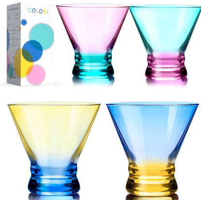 NUTRIUPS 8oz Color-block Stemless Martini Glasses, ‌4-Piece Set Cocktail Cups, Bar Glassware for Home Bar Parties Wedding & Daily Use