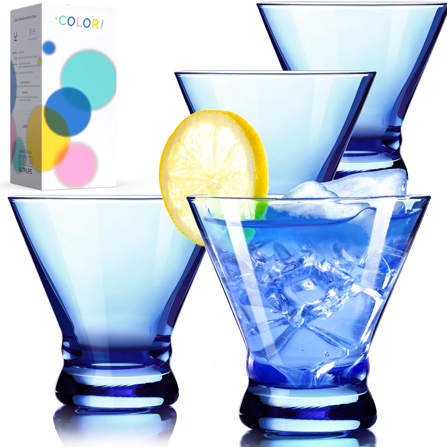 NUTRIUPS 8oz Colorful Stemless Martini Glasses Set of 4, Blue Cocktail Cups, Bar Glassware for Home Party, Wedding & Daily Use