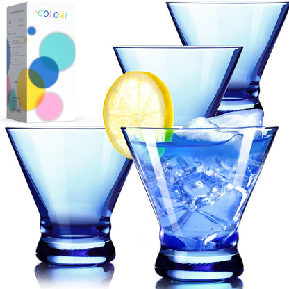 NUTRIUPS 8oz Colorful Stemless Martini Glasses Set of 4, Blue Cocktail Cups, Bar Glassware for Home Party, Wedding & Daily Use