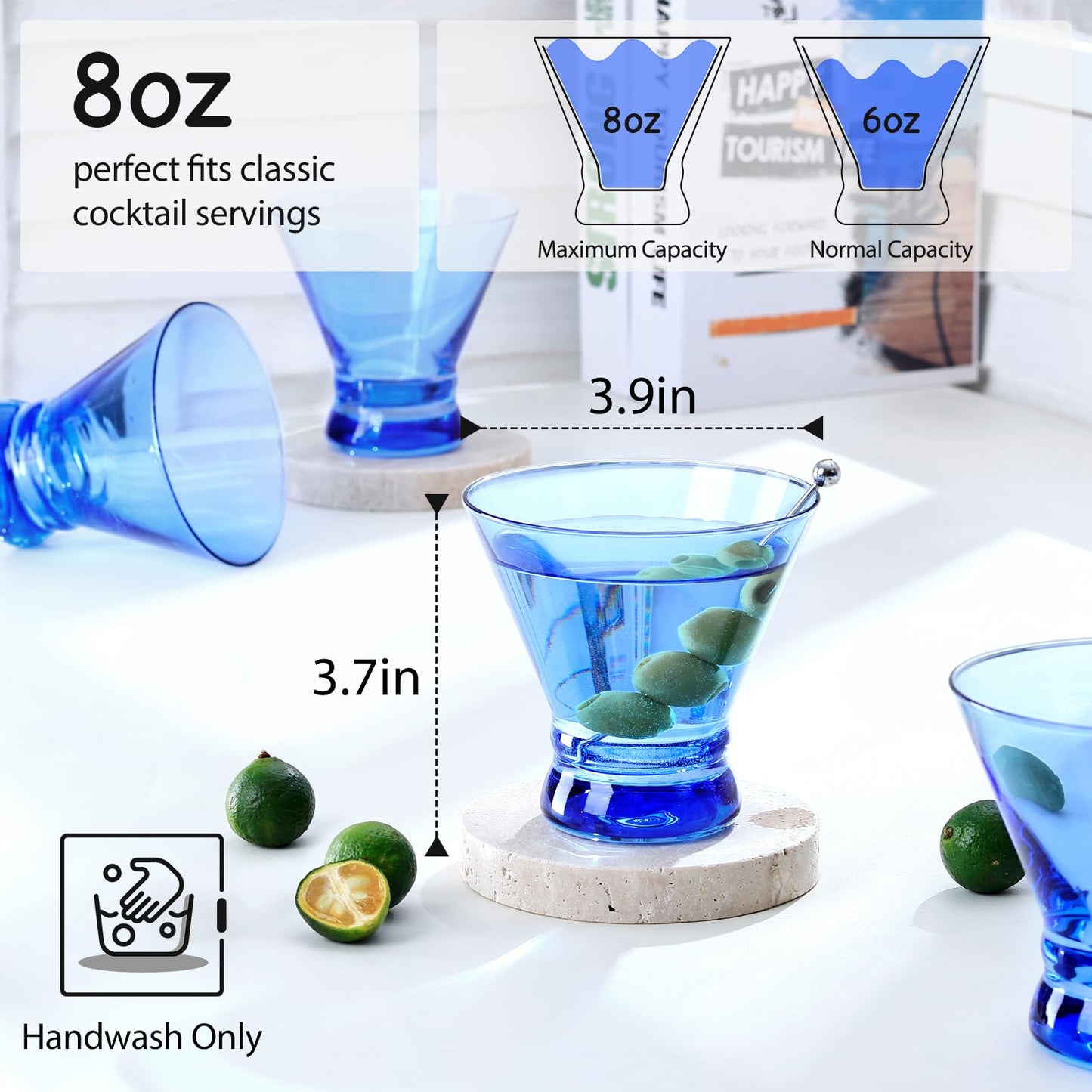 NUTRIUPS 8oz Colorful Stemless Martini Glasses Set of 4, Blue Cocktail Cups, Bar Glassware for Home Party, Wedding & Daily Use