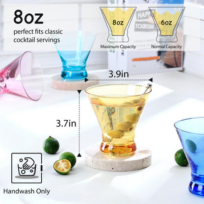 NUTRIUPS 8oz Colorful Stemless Martini Glasses Set of 4, Blue/Yellow/Pink/Green Cocktail Cups, Bar Glassware for Home Party, Wedding & Daily Use (Multi)