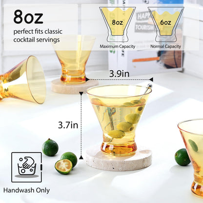 NUTRIUPS 8oz Colorful Stemless Martini Glasses Set of 4, Yellow Cocktail Cups, Bar Glassware for Home Party, Wedding & Daily Use