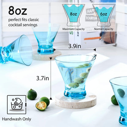 NUTRIUPS 8oz Colorful Stemless Martini Glasses Set of 4, Green Cocktail Cups, Bar Glassware for Home Party, Wedding & Daily Use (Turquoise Green)