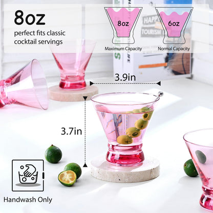 NUTRIUPS 8oz Colorful Stemless Martini Glasses, Pink Cocktail Cups, Bar Glassware for Home Party, Wedding & Daily Use, Set of 4