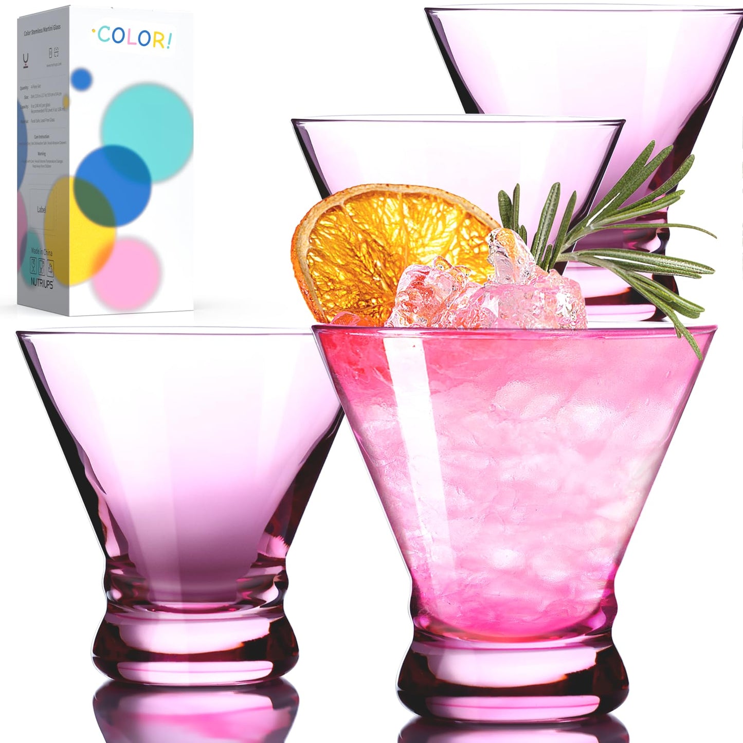 NUTRIUPS 8oz Colorful Stemless Martini Glasses, Pink Cocktail Cups, Bar Glassware for Home Party, Wedding & Daily Use, Set of 4