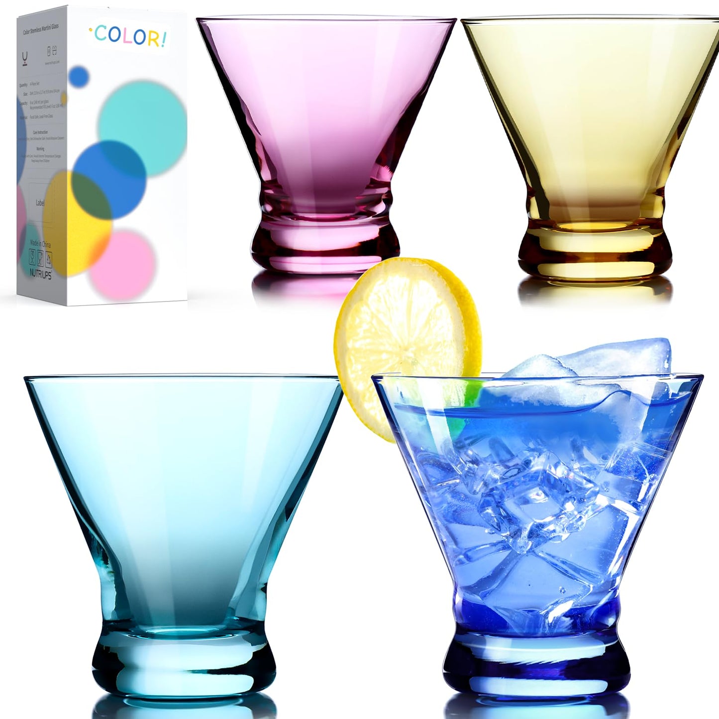 NUTRIUPS 8oz Colorful Stemless Martini Glasses Set of 4, Blue/Yellow/Pink/Green Cocktail Cups, Bar Glassware for Home Party, Wedding & Daily Use (Multi)