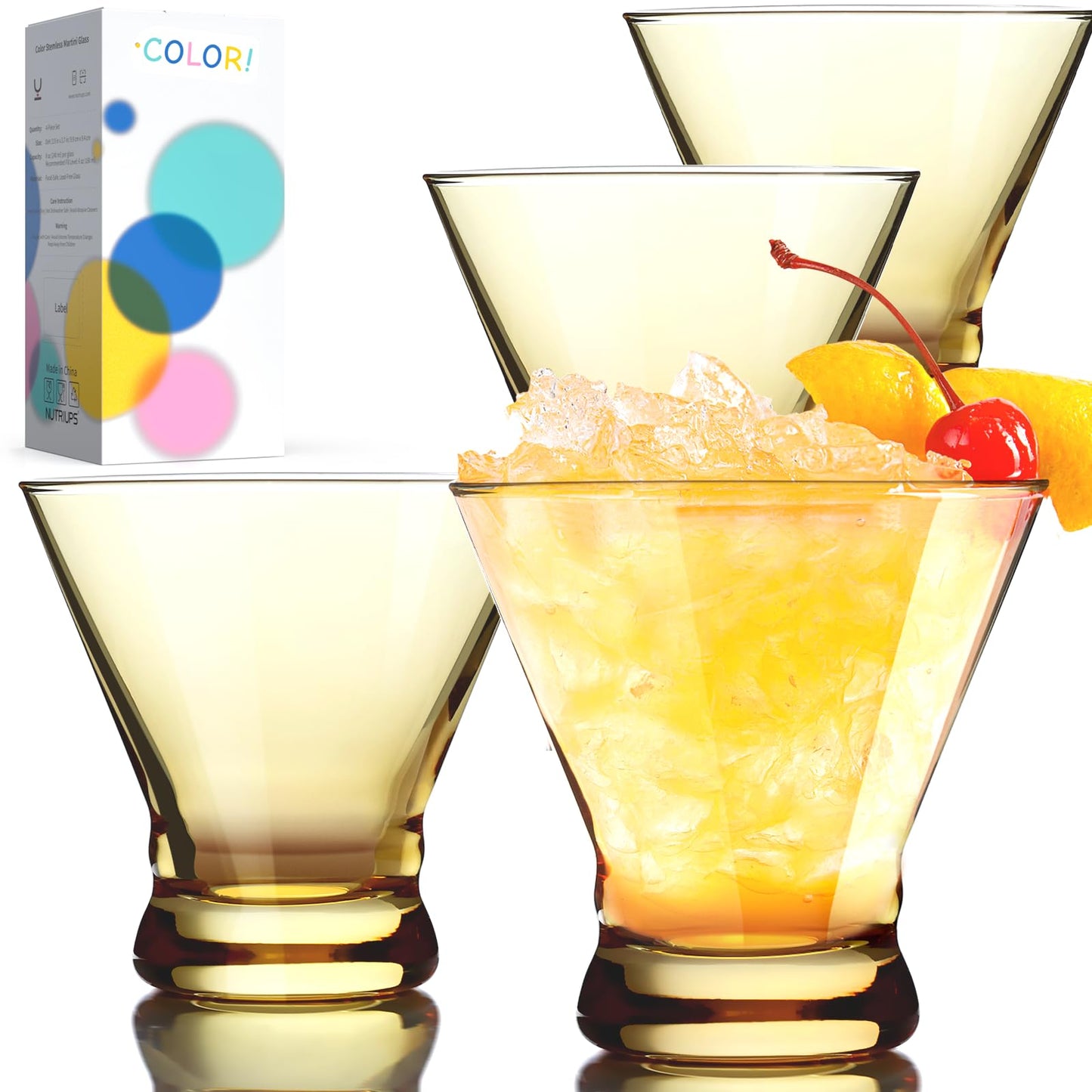 NUTRIUPS 8oz Colorful Stemless Martini Glasses Set of 4, Yellow Cocktail Cups, Bar Glassware for Home Party, Wedding & Daily Use