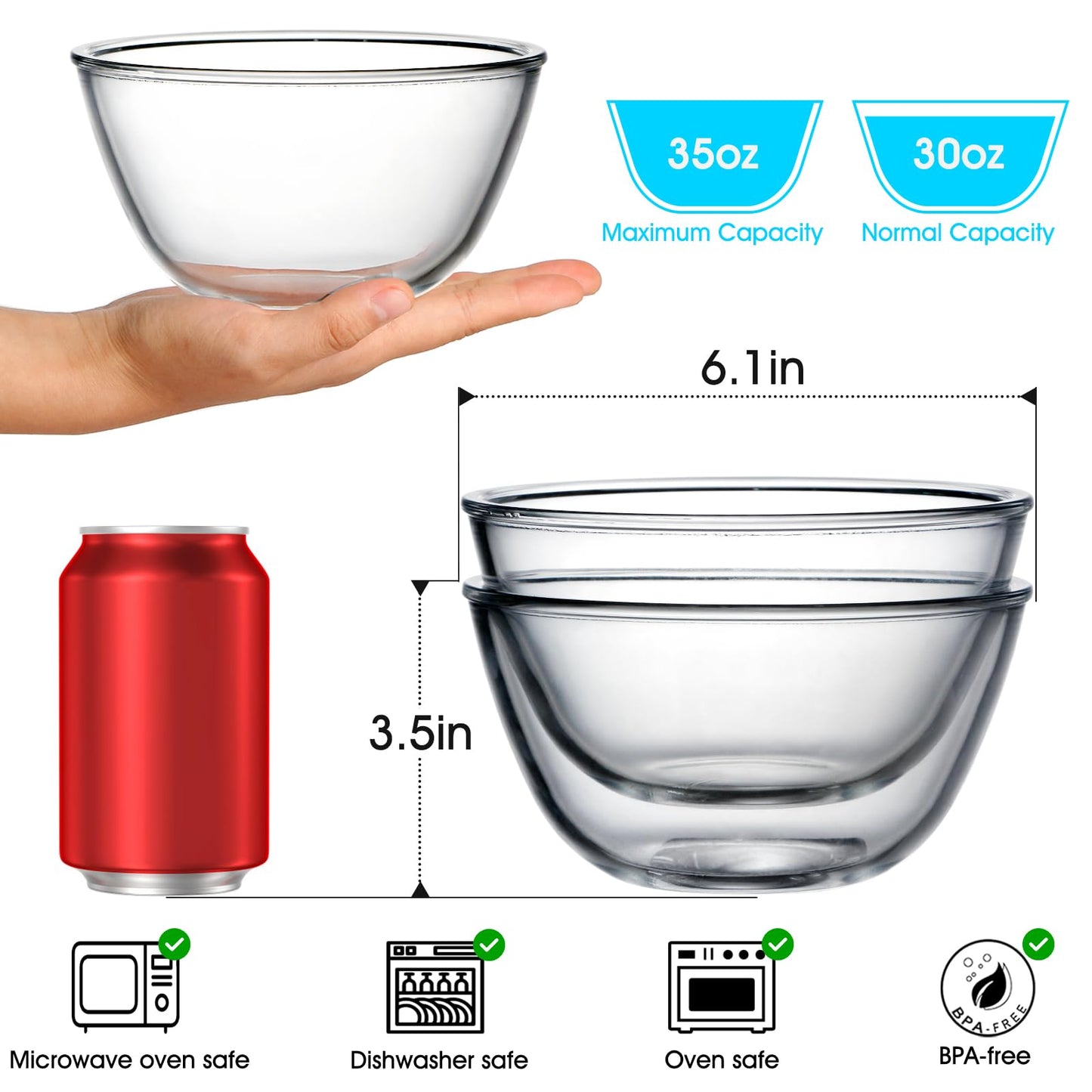 NUTRIUPS Glass Mixing Bowls Borosilicate, 6.1in/35oz, Set of 2