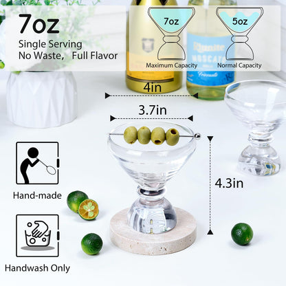 NUTRIUPS Hand-made Stemless Martini Glasses, 7oz Heavy-duty Solid Glass Base Cocktail Glasses, Aroma-Locking Rim Clear Glasses for Home Bar Party Gifts