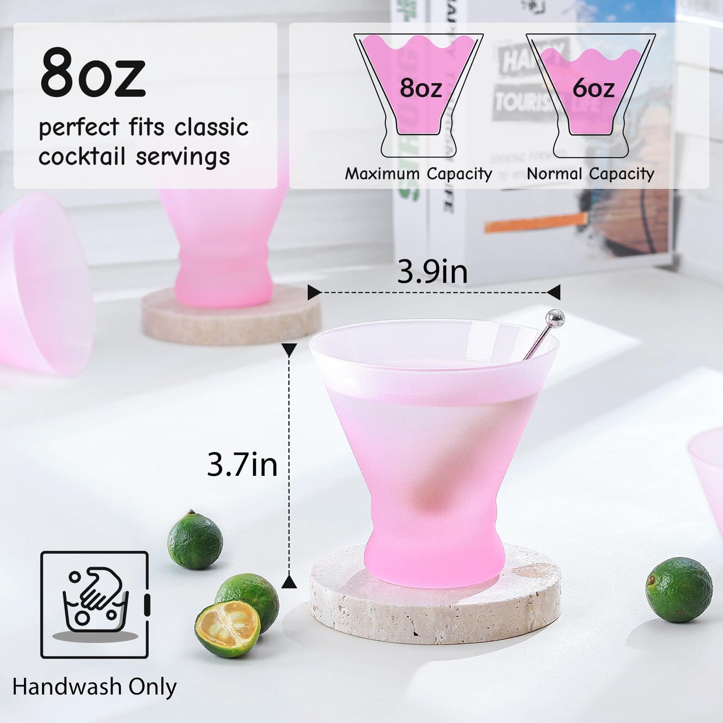 NUTRIUPS Pink Martini Glasses, Frosted Stemless Cocktail Glass, 8oz Matte Finish Glassware for Home Bar, Parties, Fingerprint-Resistant Drinkware Gifts for Women