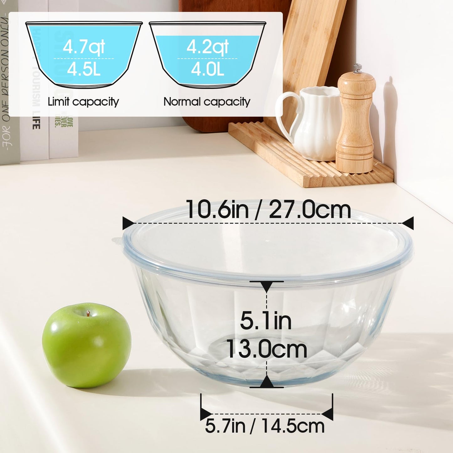 NUTRIUPS 4.7 Quart Large Glass Mixing Bowl with Lid, Deep Big Glass Bowl Large Salad Bowl (White-A)