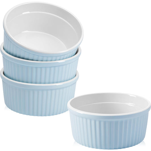 NUTRIUPS Ramekins 14oz Oven Safe Set of 4, Porcelain Pudding Cups for Creme Brulee Souffle, Ceramic Ramekins Set for Baking (Blue, 14oz)