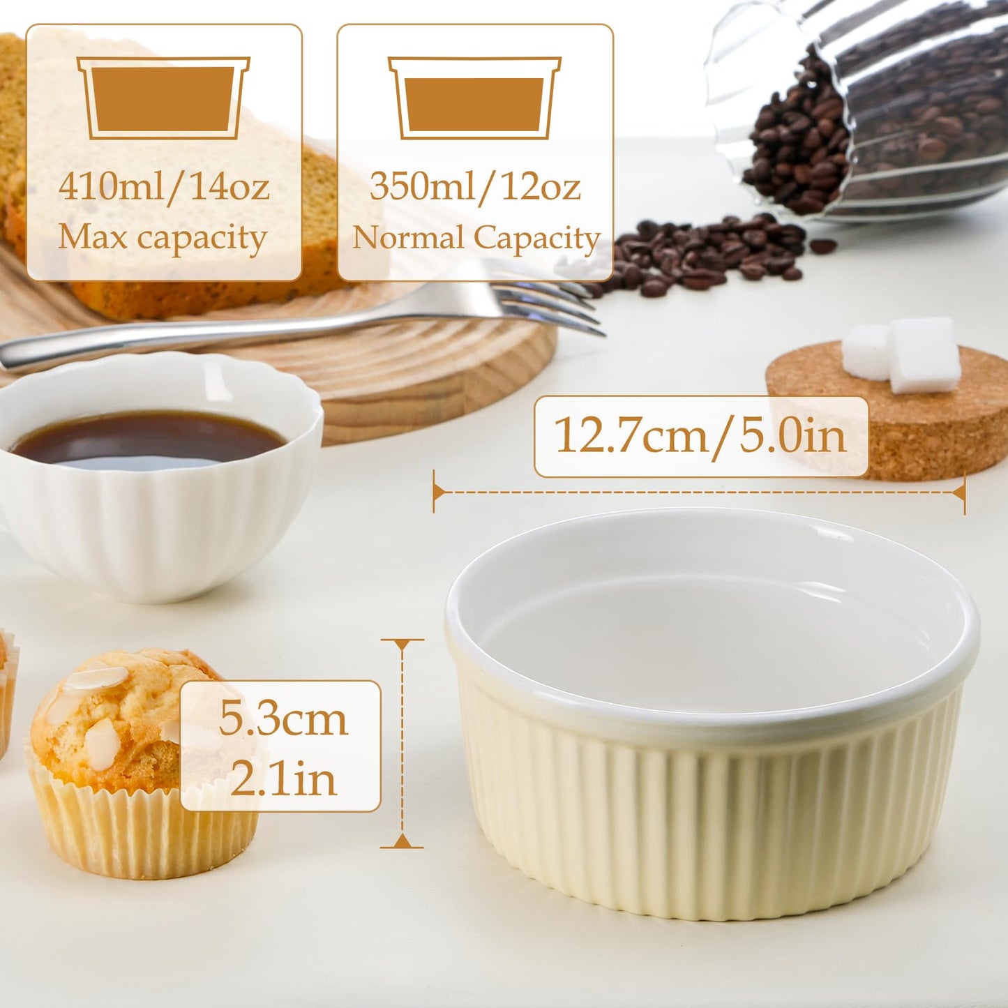 NUTRIUPS Ceramic Ramekins 14oz Oven Safe Set of 4, Porcelain Pudding Cups for Creme Brulee Souffle, Ceramic Ramekins Set for Baking (Light Yellow)