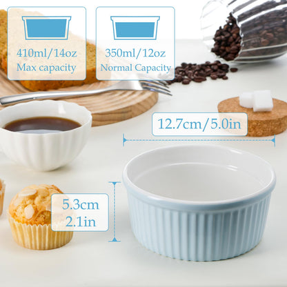 NUTRIUPS Ramekins 14oz Oven Safe Set of 4, Porcelain Pudding Cups for Creme Brulee Souffle, Ceramic Ramekins Set for Baking (Blue, 14oz)