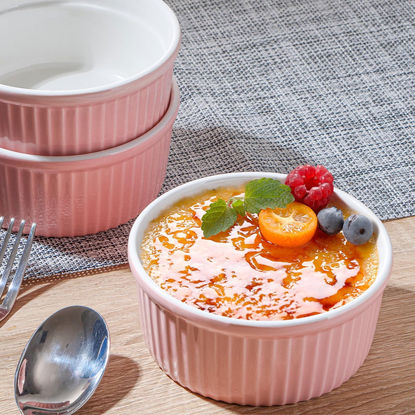 NUTRIUPS Pink Ramekins 14oz Oven Safe Set of 4, Porcelain Pudding Cups for Creme Brulee Souffle, Ceramic Ramekins Set for Baking