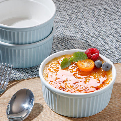 NUTRIUPS Ramekins 14oz Oven Safe Set of 4, Porcelain Pudding Cups for Creme Brulee Souffle, Ceramic Ramekins Set for Baking (Blue, 14oz)