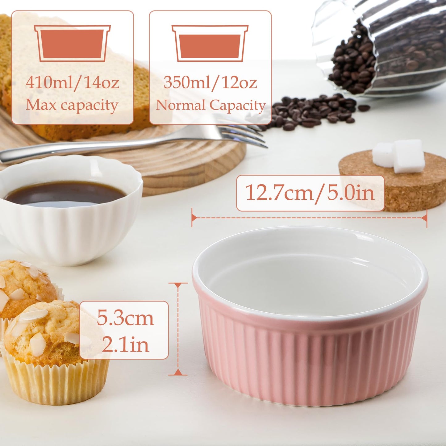 NUTRIUPS Pink Ramekins 14oz Oven Safe Set of 4, Porcelain Pudding Cups for Creme Brulee Souffle, Ceramic Ramekins Set for Baking