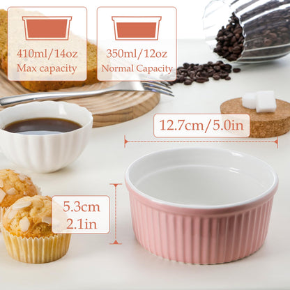 NUTRIUPS Pink Ramekins 14oz Oven Safe Set of 4, Porcelain Pudding Cups for Creme Brulee Souffle, Ceramic Ramekins Set for Baking