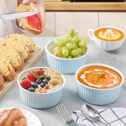 NUTRIUPS Ramekins 14oz Oven Safe Set of 4, Porcelain Pudding Cups for Creme Brulee Souffle, Ceramic Ramekins Set for Baking (Blue, 14oz)