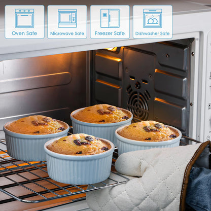 NUTRIUPS Ramekins 14oz Oven Safe Set of 4, Porcelain Pudding Cups for Creme Brulee Souffle, Ceramic Ramekins Set for Baking (Blue, 14oz)