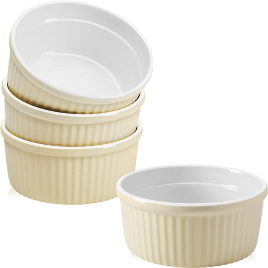 NUTRIUPS Ceramic Ramekins 14oz Oven Safe Set of 4, Porcelain Pudding Cups for Creme Brulee Souffle, Ceramic Ramekins Set for Baking (Light Yellow)