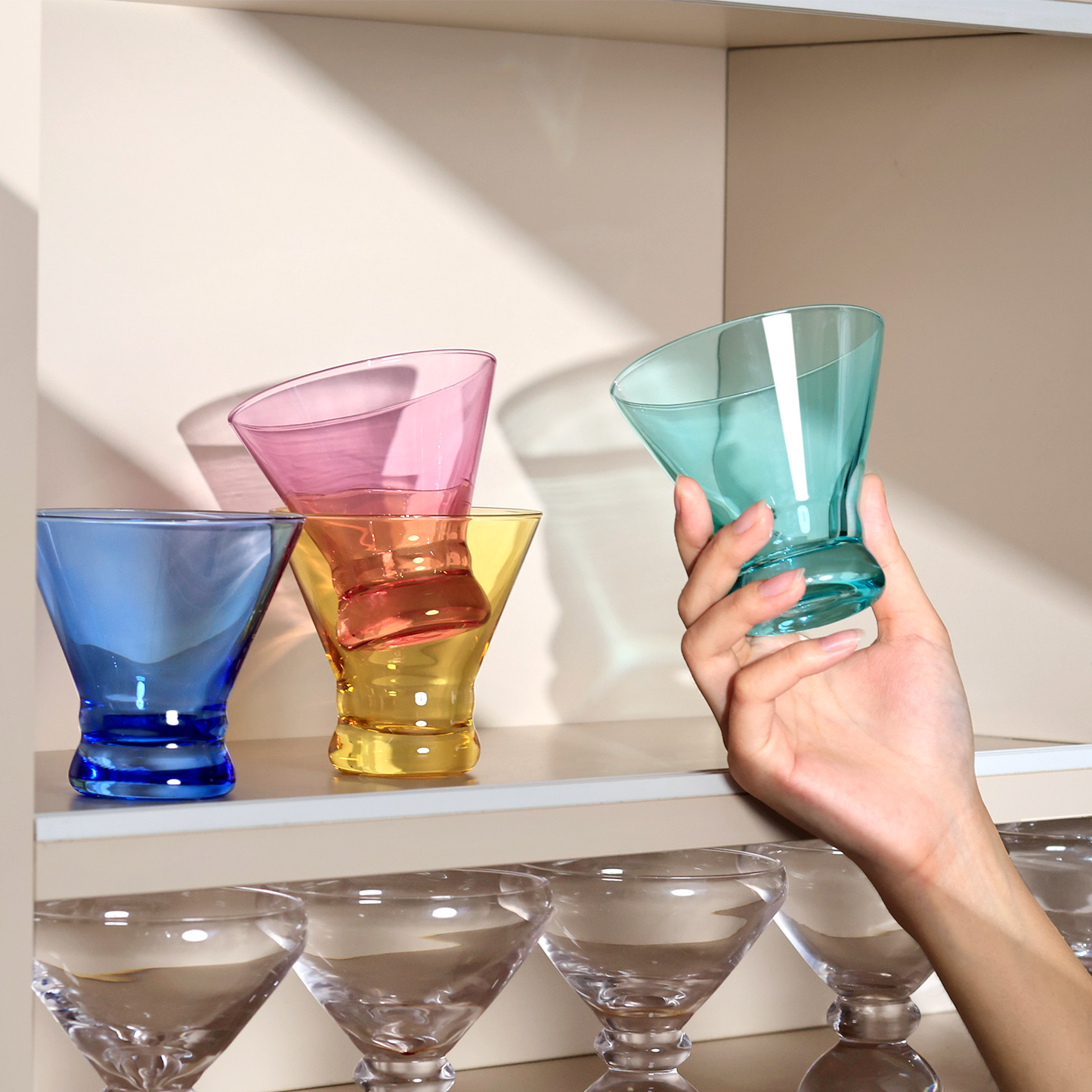 NUTRIUPS 8oz Colorful Stemless Martini Glasses Set of 4, Blue/Yellow/Pink/Green Cocktail Cups, Bar Glassware for Home Party, Wedding & Daily Use (Multi)