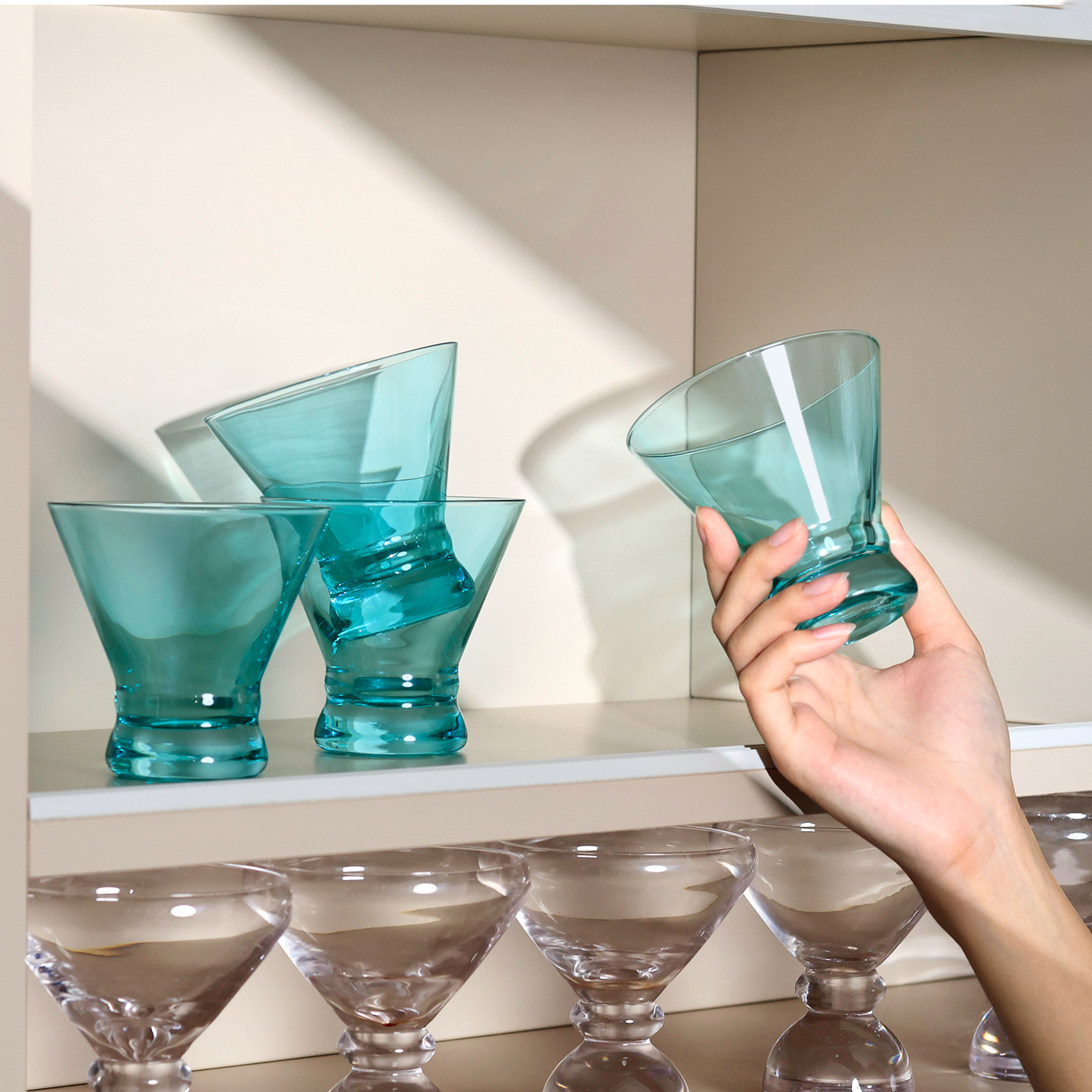 NUTRIUPS 8oz Colorful Stemless Martini Glasses Set of 4, Green Cocktail Cups, Bar Glassware for Home Party, Wedding & Daily Use (Turquoise Green)